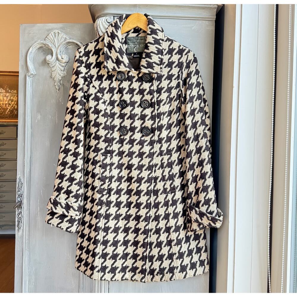 Mac & Jack Double Breasted Houndstooth Coat Brown Tan Women’s Size 8 Fully Lined